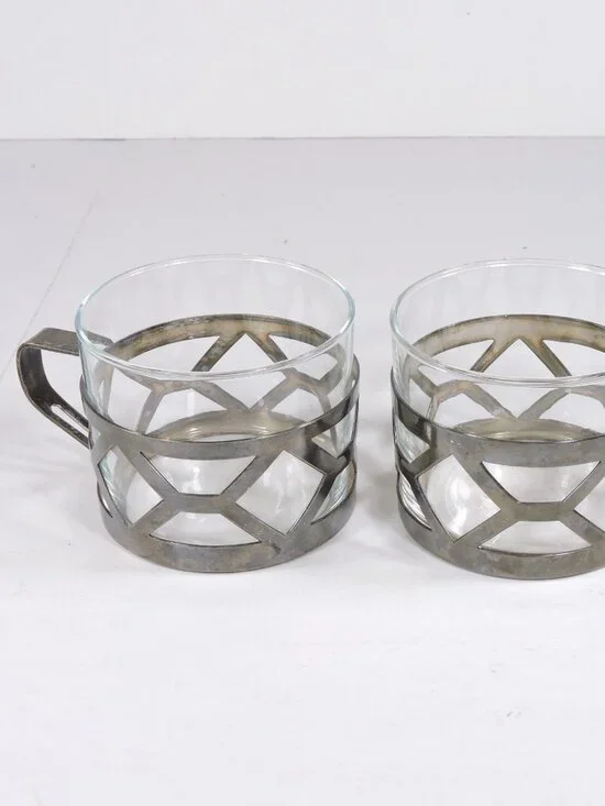 2 Duralex Tempered Glass Cups In Silver Tone Metal Holders - France - Coffee Tea - Picture 7 of 7